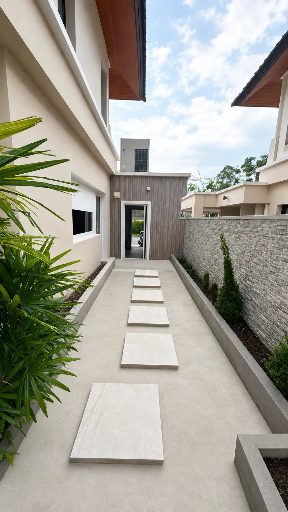 Laguna Links Villa front boundary stone wall entrance May 2026